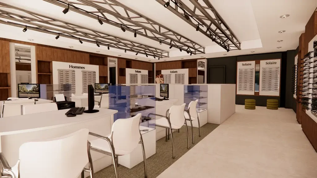 Le projet en 3D proposé pa Projet 3D Architecte d'intérieur boutique d'optique